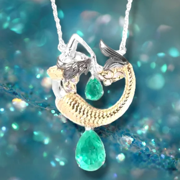 NWT ONE OF A KIND EMERALDINE QUARTZ MERMAID NECKLACE 14KYG OVER STERLING SILVER